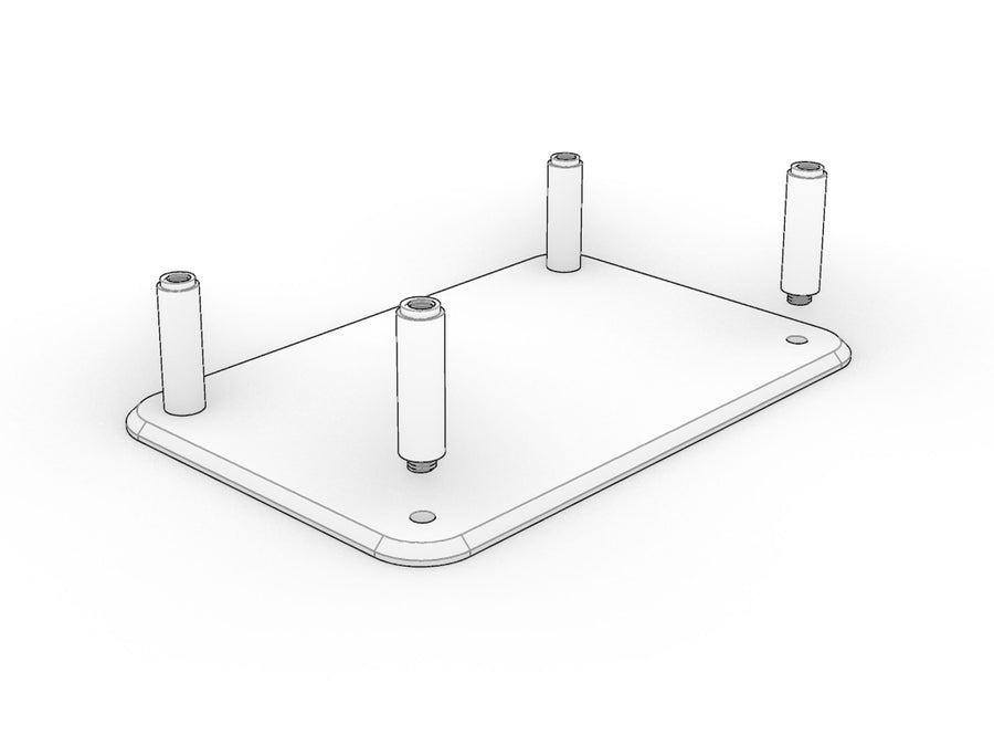 The flush top shelf upside down with four short blind dowels threaded into it