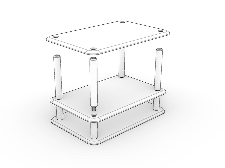 An inverted KittaParts unit with shelves and dowels being added downwards from the flush top