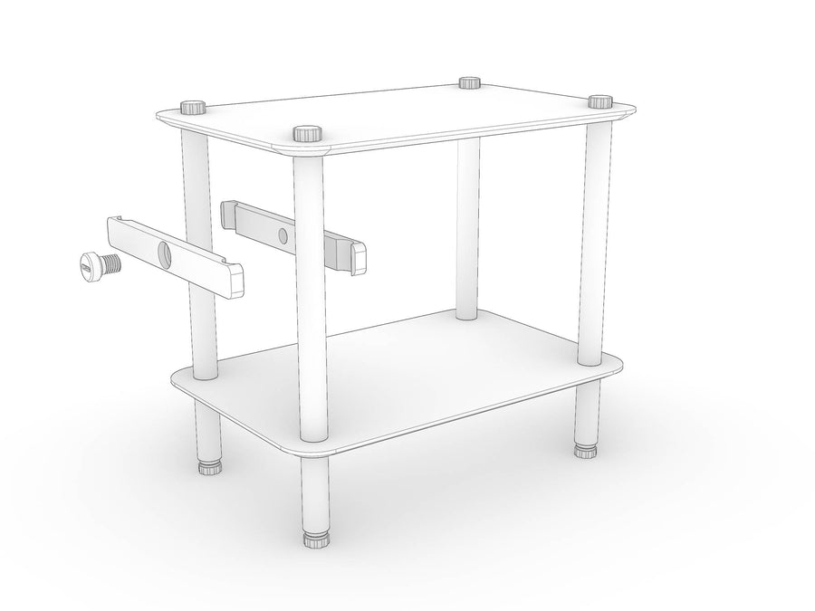 The two bookend clamp halves positioned either side of a KittaParts dowel, with the bolt alongside