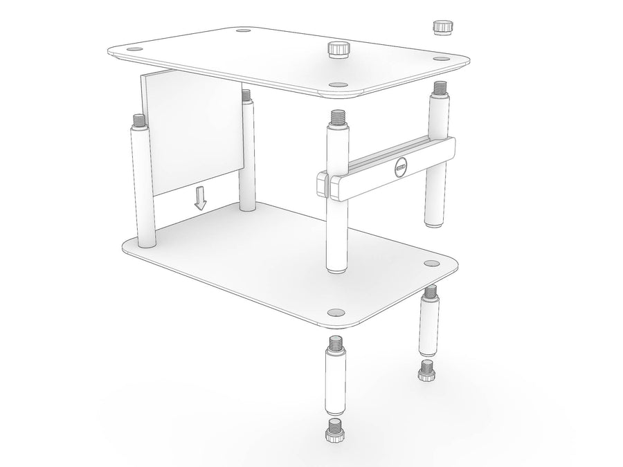 Exploded view of a KittaParts unit showing threaded dowels, shelves, adjustable feet and caps