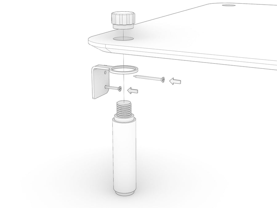 Exploded view of the KittaParts safety bracket: the bracket ring sits over the dowel thread under the shelf, held by the cap above, with two screws going into the wall