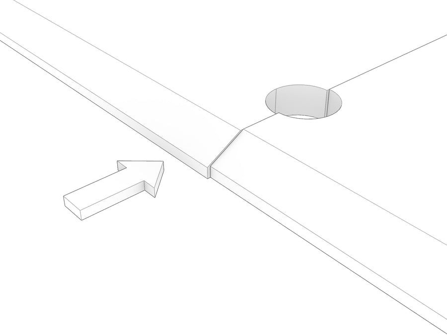 Two joined shelves seen from above with an arrow showing the front edges being aligned before final tightening