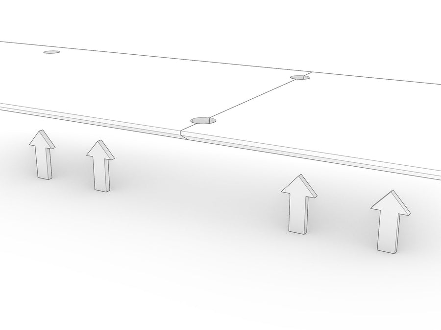 A joined shelf with arrows underneath showing it being lifted into place with support along its length