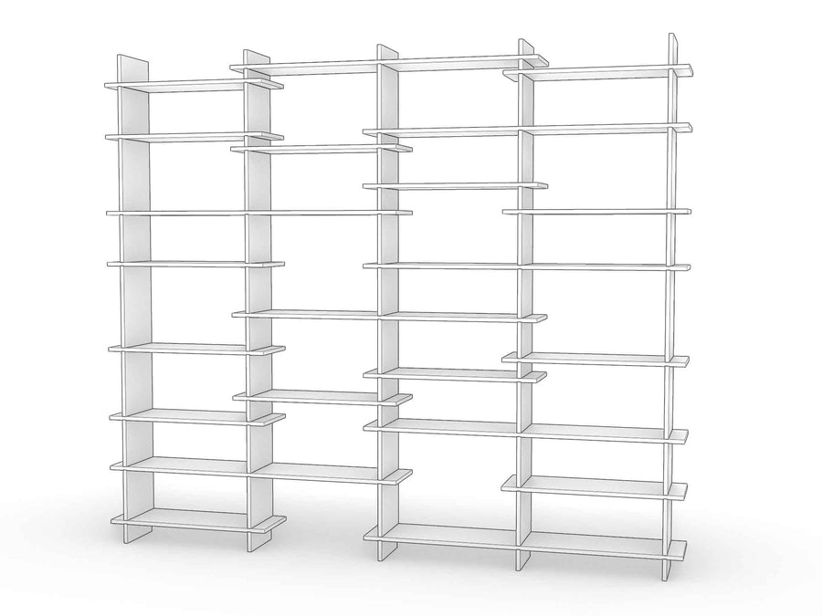The completed shelving unit with all shelves seated fully back into the uprights