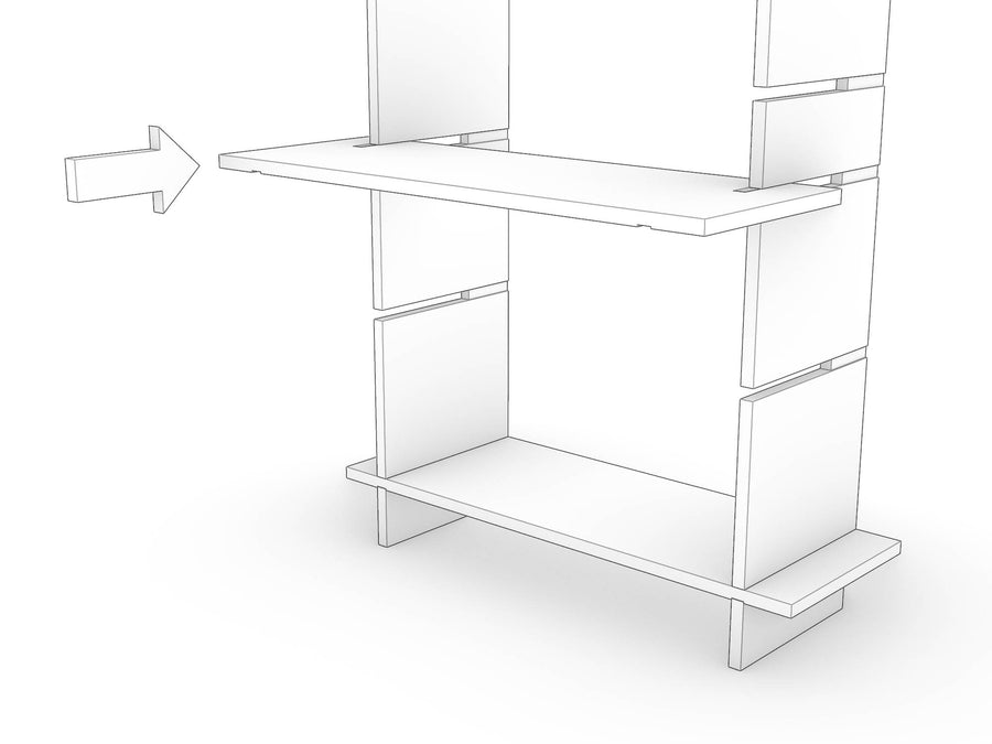 Short shelves being slotted between the first two uprights to secure the first column