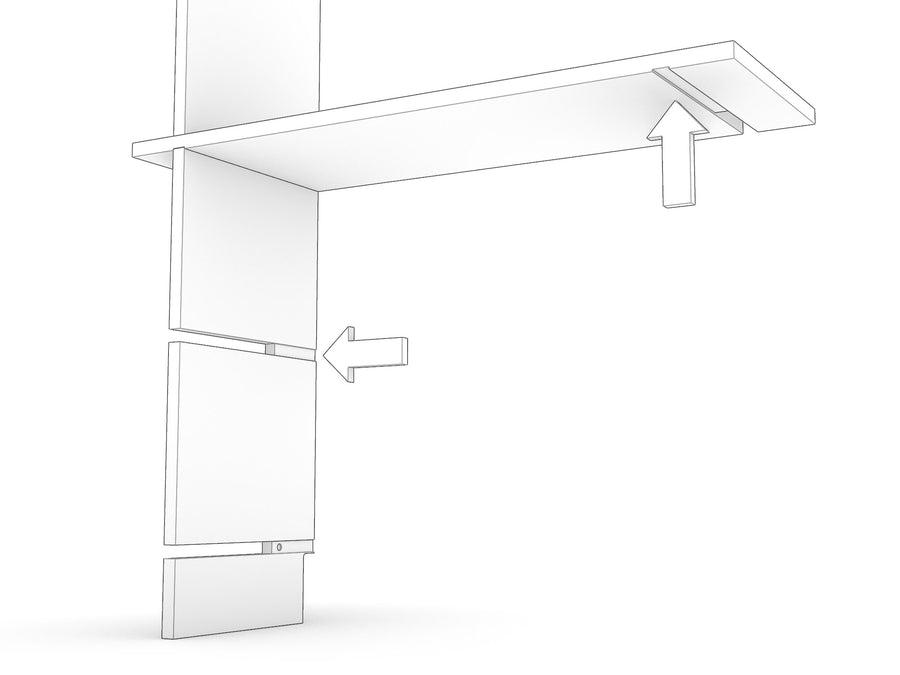 Detail of shelf and upright orientation: shelf rebate facing down, upright rebate to the right, skirting notch at the bottom