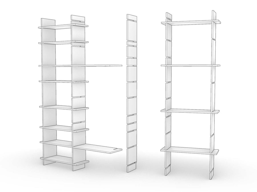 A larger set built in separate sections with a long shelf bridging the gap between them