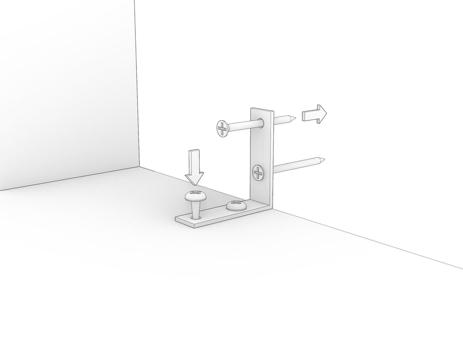 Wall mounting bracket with a short pan head screw into the shelf and a longer screw into the wall