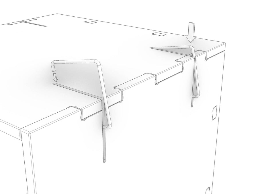 A spring-steel clip lined up over the seam of a clip crate and being pushed down to snap into place