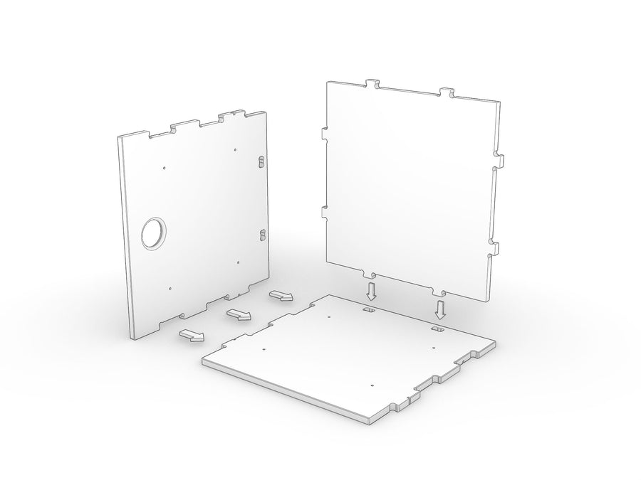 Side and end panels being lowered onto the base panel of a clip crate, arrows showing the direction