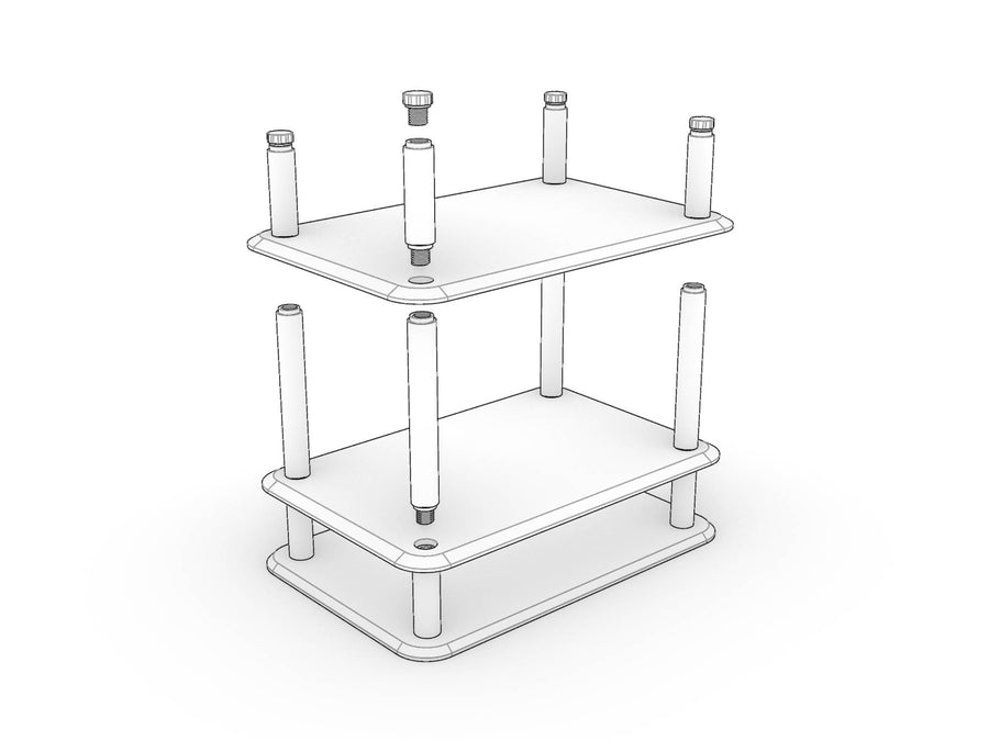 Further shelves and dowels added to the inverted unit with feet going onto the dowel ends