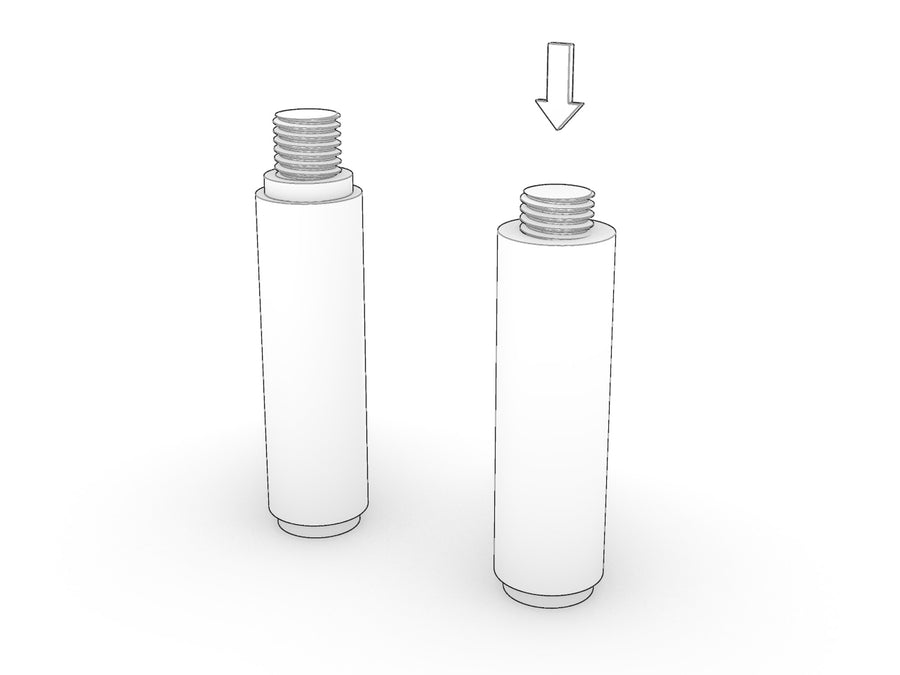 A standard KittaParts dowel with a long protruding thread beside a blind dowel with a short stub thread