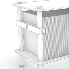 A KittaParts bookend clamped to a dowel, supporting records on a shelf