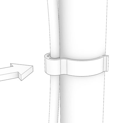 A KittaParts cable clip fitted to a dowel with a cable held in the housing
