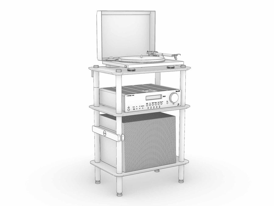 A finished KittaParts unit holding a turntable, amplifier and a row of records