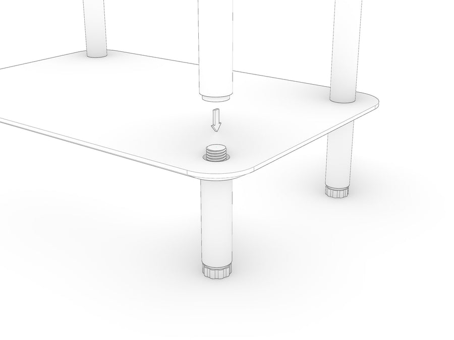 A KittaParts shelf sitting on its legs with a dowel threading down through a corner hole