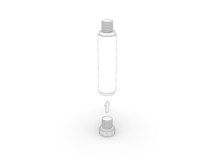 An adjustable foot threading into the end of a KittaParts dowel to make a leg