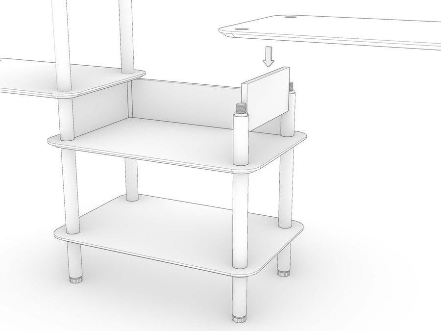 A part built KittaParts unit with a panel dropping in between the dowels and the next shelf above