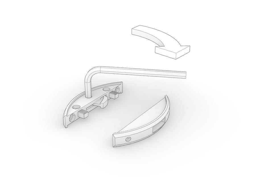 Two Lamello Clamex fitting halves shown apart, with a 4mm Allen key and an arrow showing the twisting cam action