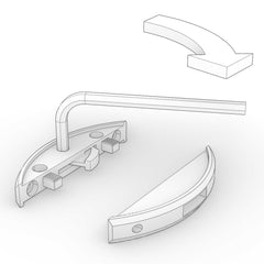 Two Lamello Clamex fitting halves with a 4mm Allen key and an arrow showing the cam action